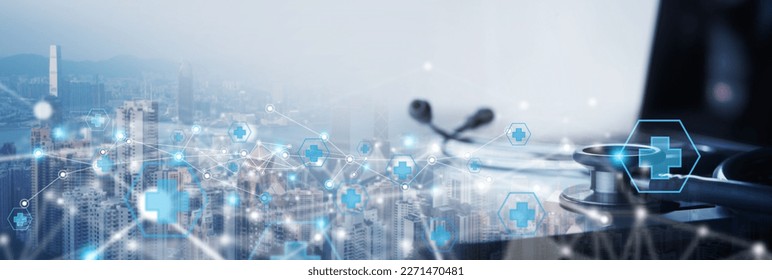 Telemedicine, internet medical network connection, online medical, global health concept. Stethoscope and laptop computer on the city background with internet health network connection technology - Powered by Shutterstock