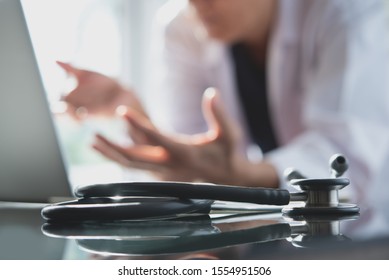 Telemedicine, Medical Online, E Health Concept. Doctor Video Chat With Patient Via Laptop Computer, Mobile Health Application. Doctor Video Conference, Cropped Image, Medical Technology Background