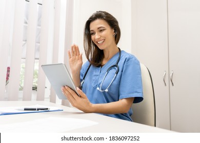 Telemedicine, Medical online, e health concept. Doctor video chat , explaining with patient via tablet computer, mobile health application. Doctor teleconferencing with medical team in hospital