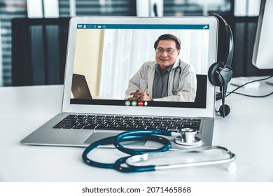 Telemedicine Service Online Video Call For Doctor To Actively Chat With Patient Via Remote Healthcare Consultant Software . People Can Use App To Contact Doctors For Virtual Meeting From Home .