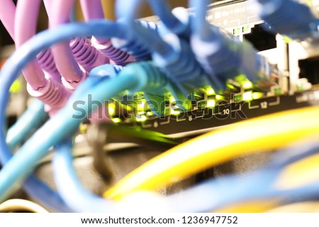 telephone and internet data communication cables, cabling and wires in a port. Infrastructure for communicating and systems in a modern office or workplace environment. Information technology concept.