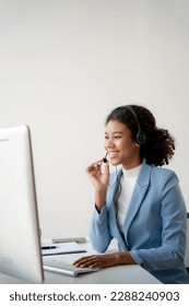 Telephone operator supporting customer in headset, with blank copy space for slogan or text message, over white background. Counseling and assistance center.