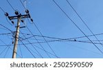 Telephone Pole with Overhead Wires Set Against a Clear Blue Sky