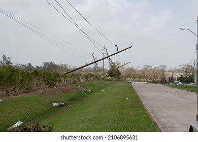 Telephone Poles And Power Lines Down After A Hurricane. 