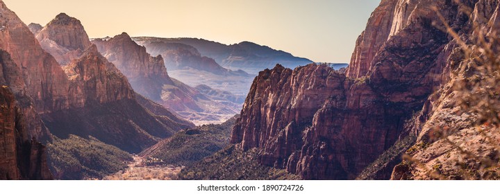 Telephoto Panorama of Zion Canyon at Dusk from the Angel's Landing Hiking Trail, with the East Temple and the Virgin River Visible, Christmas Day 2020.