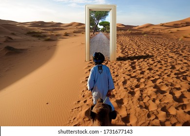 Teleport In The Desert,Another Location Is Visible Through The Door In Front Of The Cameleer In The Desert, Door In The Desert