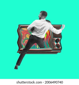 Teleportation to the past. Young man steps into retro tv set. Contemporary art collage 80s. Copy space for text, ad. Flyer. Square composition. Modern artwork.