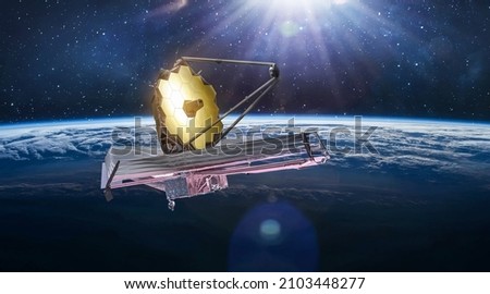Telescope James Webb in outer space on orbit of Earth planet. Sci-fi space collage. Astronomy science. Elemets of this image furnished by NASA
