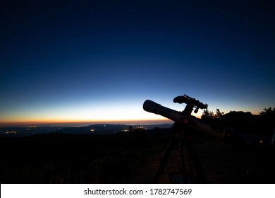 Telescope Silhouette Blue Hour, Stars And Sunset