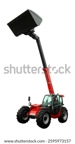 A telescopic handler is actively lifting a large bucket, showcasing its capabilities in an agricultural setting. The equipment is designed to assist with various farming tasks efficiently.