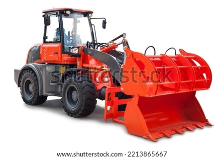 Telescopic loader with different attachments isolated over white, with clipping path