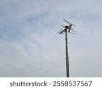 Television antenna mounted on a bamboo pole with a view of the white sky