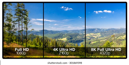 Television display with comparison of resolutions. Full ultra HD 8k on modern TV.
