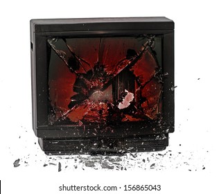 Television Exploding Isolated On White Background. Broken Screen Monitor. Damaged The Older TV With Falling Shards Of Glass From The Screen.  