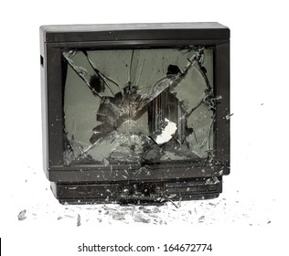 Television Exploding Isolated On White Background. Old Retro TV Screen Destruction. 