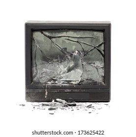 Television Exploding Isolated On White Background. Retro Old Used TV Screen Explode.