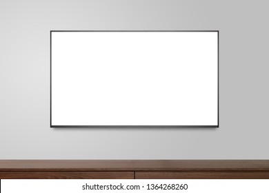 Television On White Wall, TV 4K Flat Screen Lcd Or Oled, Plasma Realistic Illustration, White Blank HD Monitor Mockup, Modern Video Panel Black Flatscreen.