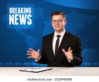 Television Presenter In Front Telling Breaking News With Blue Modern Background Concept