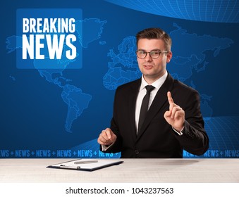 Television Presenter In Front Telling Breaking News With Blue Modern Background Concept