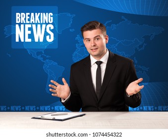 Television Presenter In Front Telling Breaking News With Blue Modern Background Concept