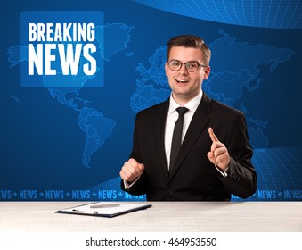 Television Presenter In Front Telling Breaking News With Blue Modern Background Concept