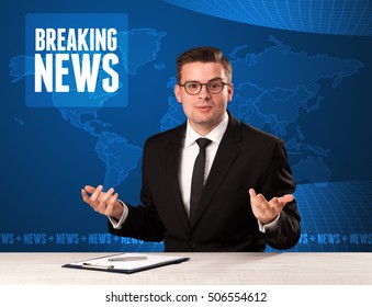 Television Presenter In Front Telling Breaking News With Blue Modern Background Concept