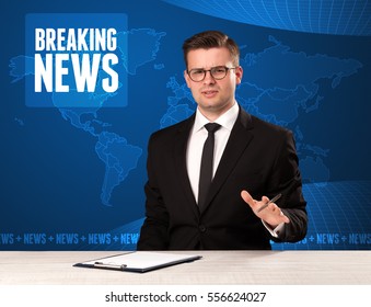 Television Presenter In Front Telling Breaking News With Blue Modern Background Concept