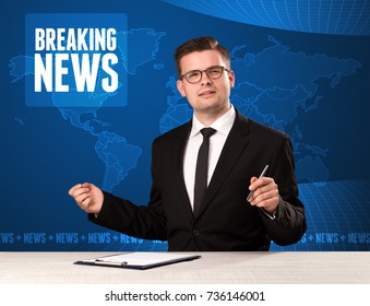 Television Presenter In Front Telling Breaking News With Blue Modern Background Concept