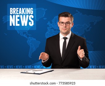 Television Presenter In Front Telling Breaking News With Blue Modern Background Concept