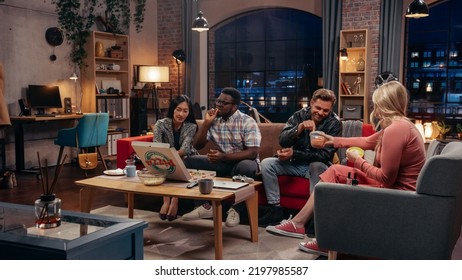 Television Sitcom Concept. Four Diverse Friends having Fun in Living Room. Funny Sketch of One Couple Eating Pizza the Other Dieting. Comedy Series Broadcasting on Network Channel, Streaming Service. - Shutterstock ID 2197985587