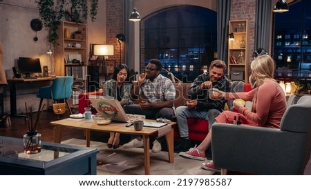 Television Sitcom Concept. Four Diverse Friends having Fun in Living Room. Funny Sketch of One Couple Eating Pizza the Other Dieting. Comedy Series Broadcasting on Network Channel, Streaming Service.