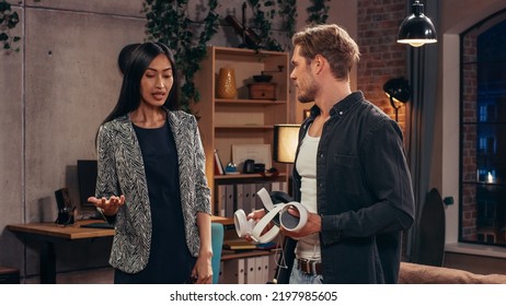 Television Sitcom Living Room: Couple Has Relationship Problems. Funny Sketch About Guy Having VR Metaverse Addiction, Girl Argues With Him. Comedy Series Broadcast Network Channel, Streaming Service.