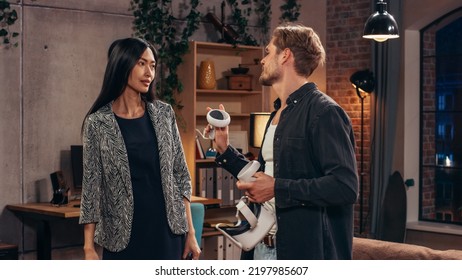 Television Sitcom Living Room: Couple Has Relationship Problems. Funny Sketch About Guy Having VR Metaverse Addiction, Girl Argues With Him. Comedy Show Broadcast Network Channel, Streaming Service.