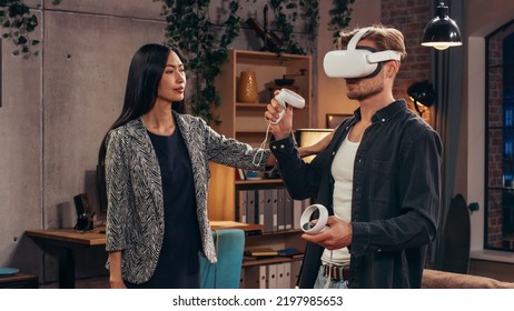 Television Sitcom Living Room: Couple Has Relationship Problems. Funny Sketch About Guy Having VR Metaverse Addiction, Girl Confronts Him. Comedy Show On Network Channel, Streaming Service.