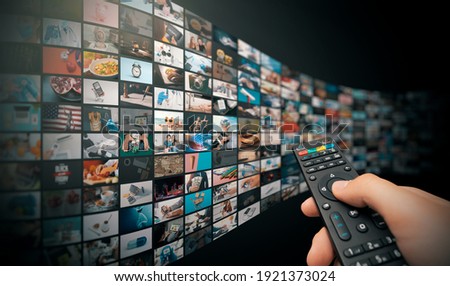 Television streaming, TV broadcast. Multimedia wall concept. Stockfoto © 