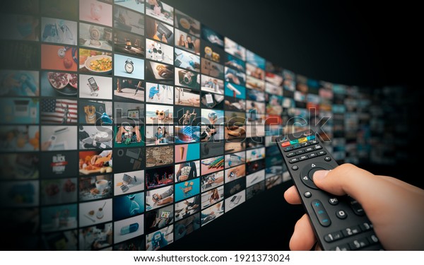 Television streaming, TV broadcast. Multimedia\
wall concept.