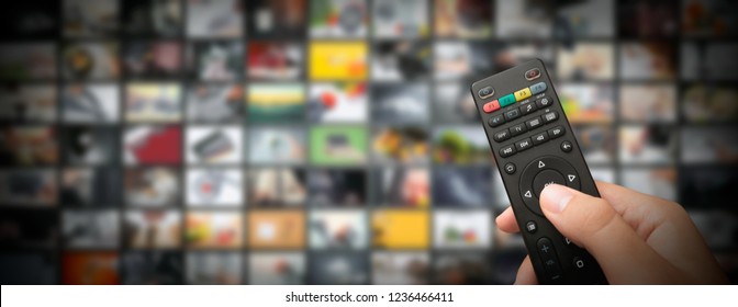 Television Streaming Video Concept. Media TV Video On Demand Technology. Video Service With Internet Streaming Multimedia Shows, Series. Digital Collage Wall Of Screen Abstract Composition