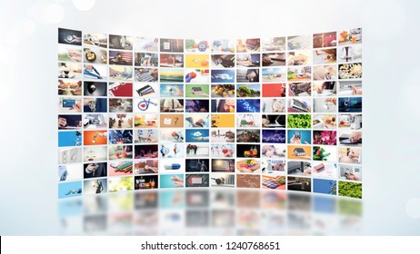 Television Streaming Video Concept. Media TV Video On Demand Technology. Video Service With Internet Streaming Multimedia Shows, Series. Digital Collage Wall Of Screen Abstract Composition