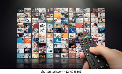 Television Streaming Video Concept. Media TV Video On Demand Technology. Video Service With Internet Streaming Multimedia Shows, Series. Digital Collage Wall Of Screen Abstract Composition