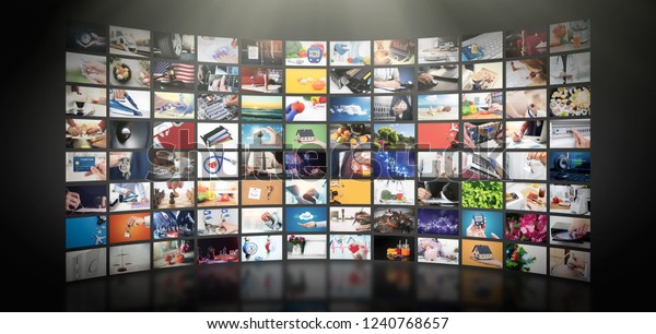 Television\
streaming video concept. Media TV video on demand technology. Video\
service with internet streaming multimedia shows, series. Digital\
collage wall of screen abstract\
composition