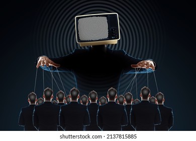 Television zombifies people through propaganda. The puppeteer holds the puppets. Manipulating the crowd with the help of fakes, false information