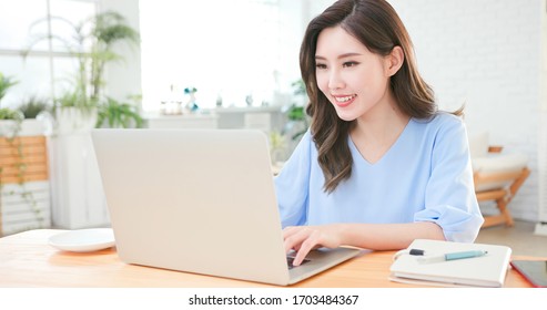 Telework Concept - Asian Woman Use Computer To Work And Has A Video Meeting At Home