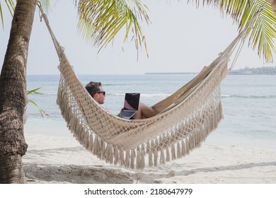 Teleworking Or Banking Online, Man With Computer Working Remotely