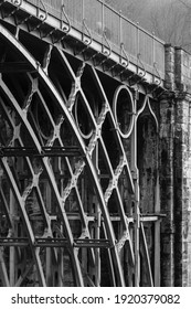 TELFORD, UK - February 18, 2013. Detail Of Ironwork On The Iron Bridge, The First Cast Iron Arch Bridge Built In The Industrial Revolution. Ironbridge Gorge, Telford, Shropshire, UK. Monochrome Image.