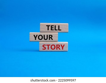Tell your story symbol. Wooden blocks with words Tell your story. Beautiful blue background. Business and Tell your story concept. Copy space. - Shutterstock ID 2225099597