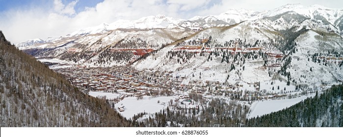 Telluride Colorado Rocky Mountains City Panoramic Overview Winter Snow