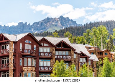 Telluride, Colorado small town Mountain Village in summer 2019 with view of San Juan Mountains and modern resort lodge apartment condo architecture