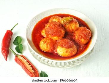 Telur Balado Or Telur Sambal Or Spicy Eggs, Which Are Whole Eggs That Are Boiled And Fried Briefly And Then Seasoned With Hot Chili Sauce. Indonesian Cuisine. Isolated On White Background.