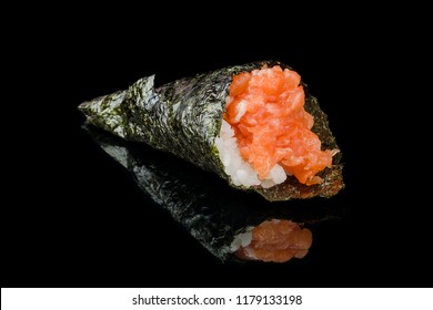 Temaki Spicy Sake With Salmon Sushi, Cucumber And Spicy Mayo On Black Background