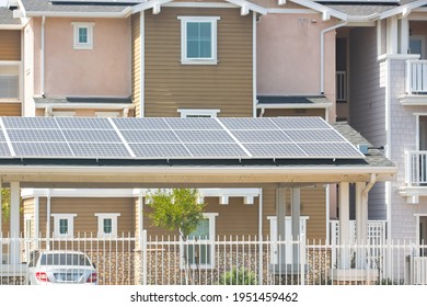 Temecula, California, United States - 04-07-2021: A View Of Solar Panels Installed Above A Car Port Structure In A Condominium Complex.